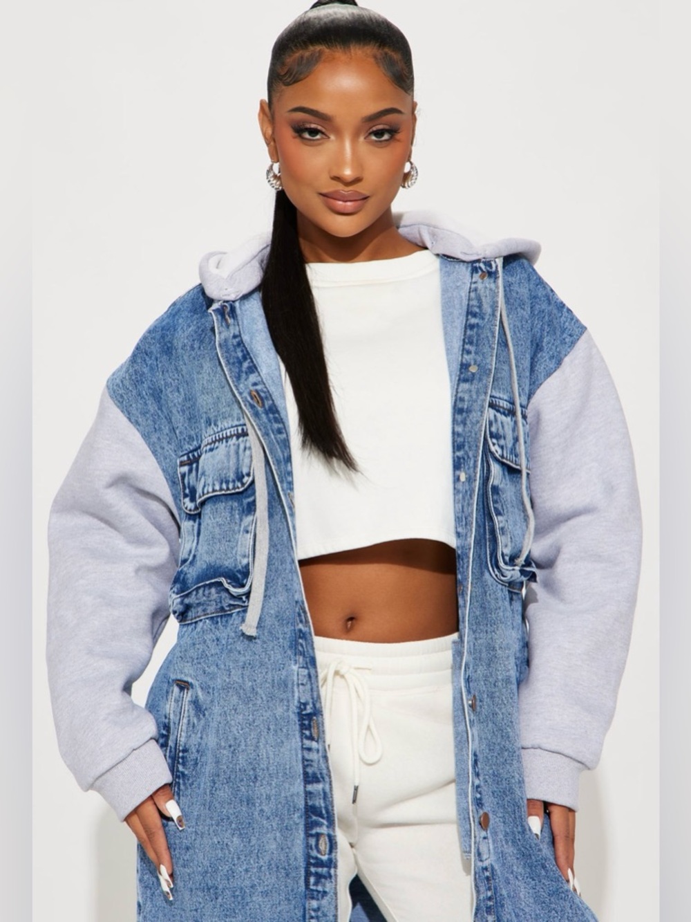 Women Long Denim Duster Jacket Hooded Two Tone Coat Blue Streetwear Layered NWT - Picture 3 of 5